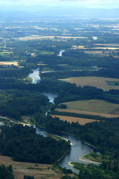 Aerial view of river network in Willamette Valley, Oregon